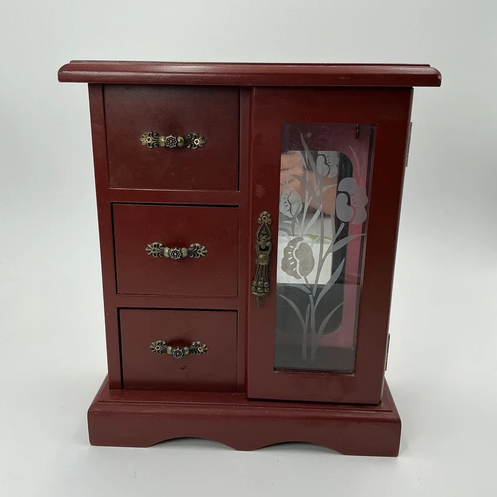 Vintage Wood Jewelry Armoire Burgundy Red 3 Drawer Floral Etched Glass Mirror